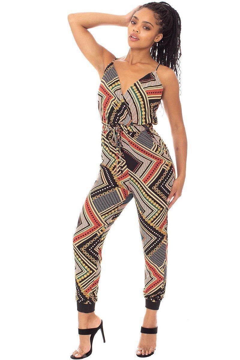 Boarder Print Wrap Drawstring Waist Jumpsuit | Mixtshop LLC