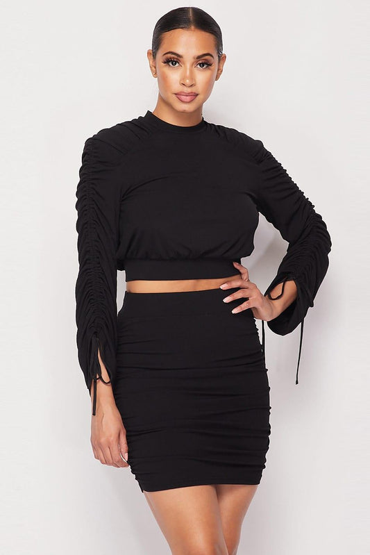 Ruched Long Sleeve And Skirt Set | Mixtshop LLC
