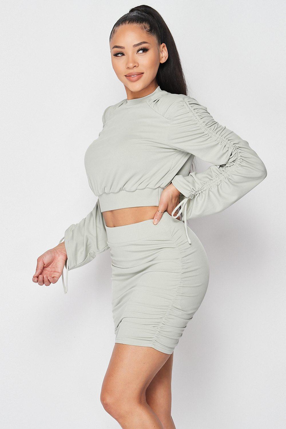 Ruched Long Sleeve And Skirt Set | Mixtshop LLC