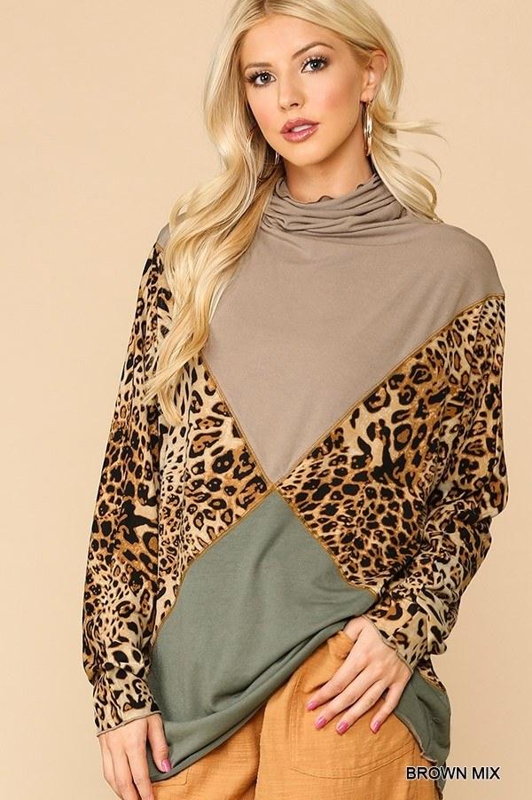 Solid And Animal Print Mixed Knit Turtleneck Top With Long Sleeves | Mixtshop LLC