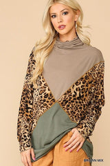 Solid And Animal Print Mixed Knit Turtleneck Top With Long Sleeves | Mixtshop LLC