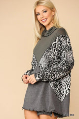 Solid And Animal Print Mixed Knit Turtleneck Top With Long Sleeves | Mixtshop LLC