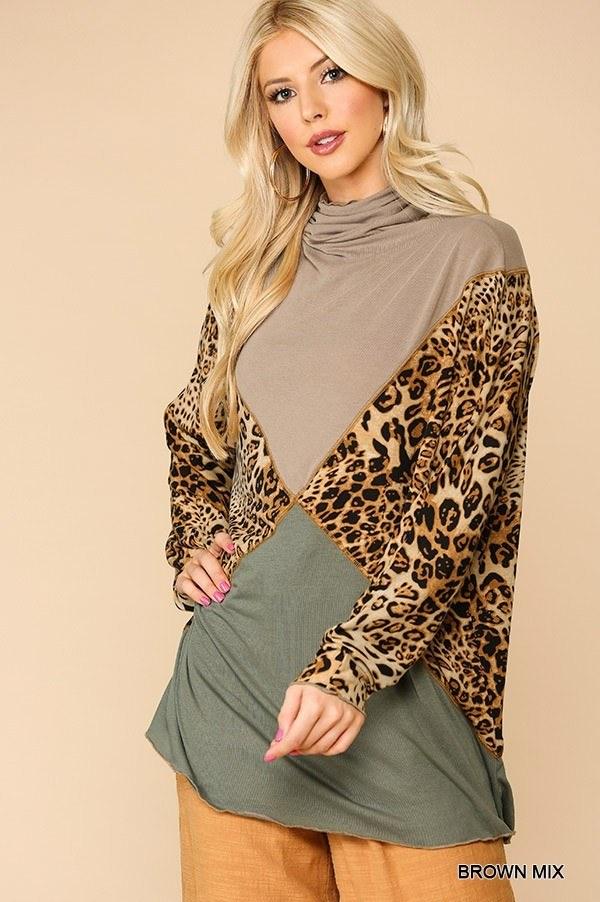 Solid And Animal Print Mixed Knit Turtleneck Top With Long Sleeves | Mixtshop LLC