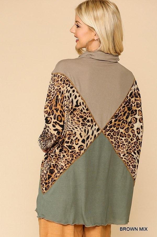 Solid And Animal Print Mixed Knit Turtleneck Top With Long Sleeves | Mixtshop LLC