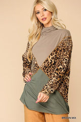 Solid And Animal Print Mixed Knit Turtleneck Top With Long Sleeves | Mixtshop LLC