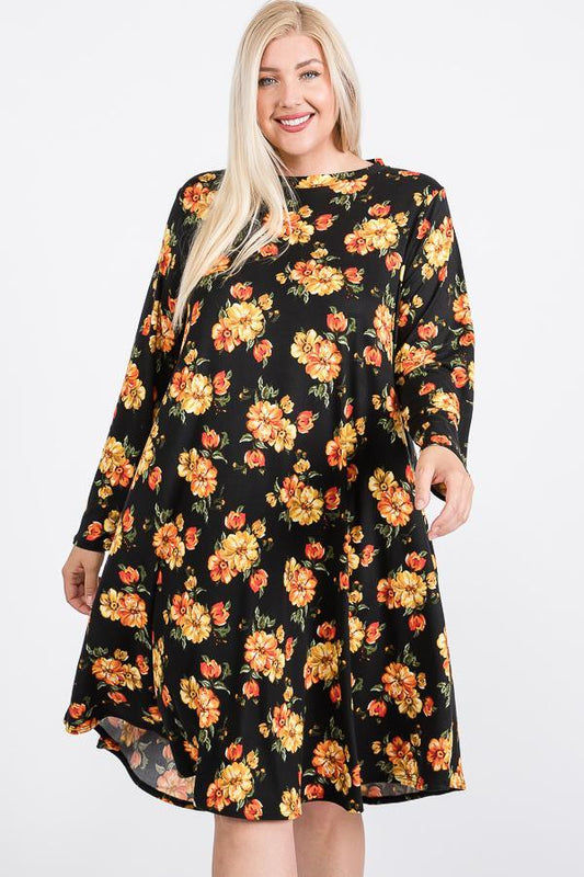 Floral Mock Neck Hidden Pocket Round Hem Midi Dress | Mixtshop LLC