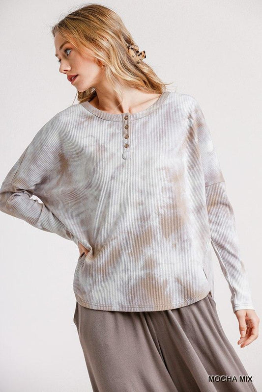 Tie Dye Round Neck Ribbed Button Front Top With Round Hem | Mixtshop LLC