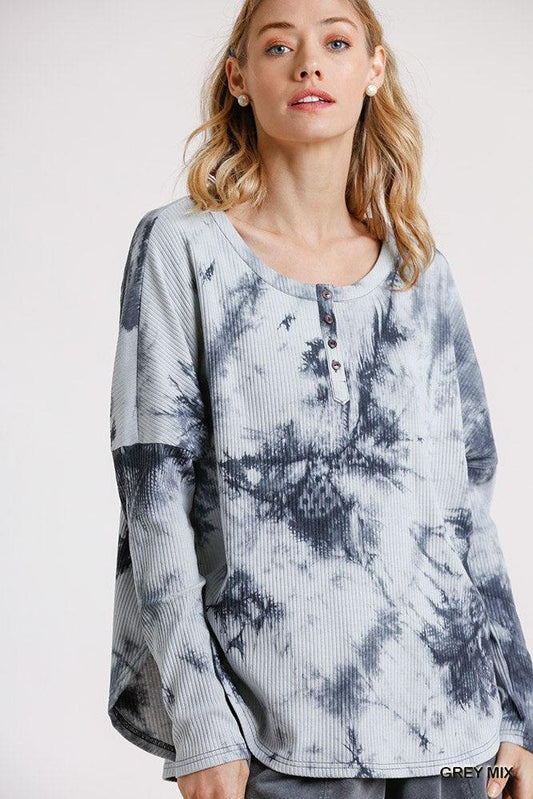 Tie Dye Round Neck Ribbed Button Front Top With Round Hem | Mixtshop LLC