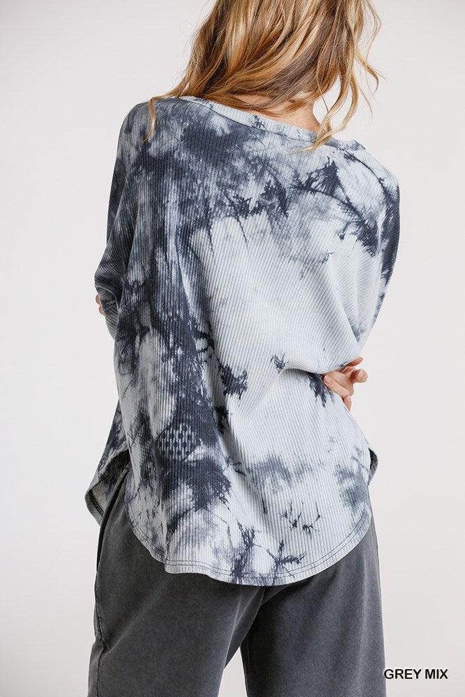 Tie Dye Round Neck Ribbed Button Front Top With Round Hem | Mixtshop LLC