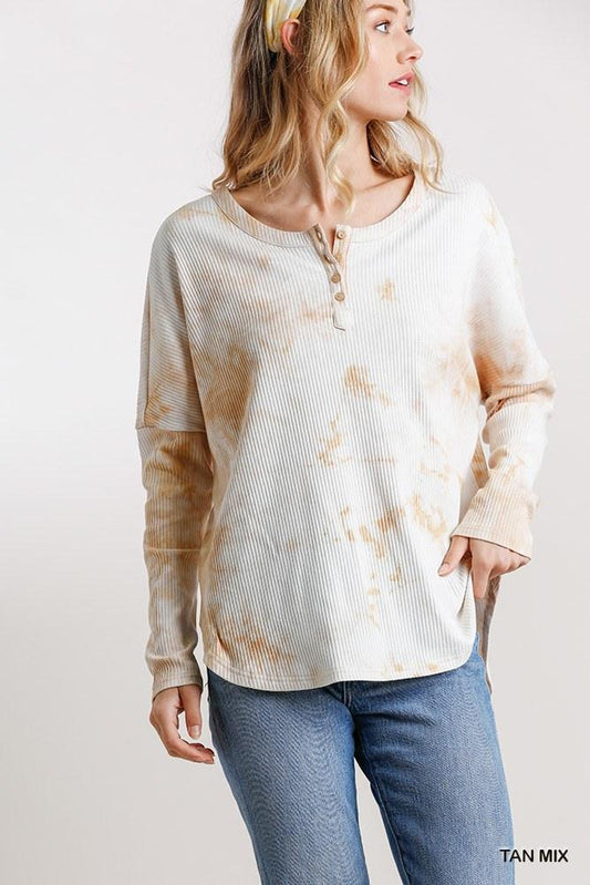 Tie Dye Round Neck Ribbed Button Front Top With Round Hem | Mixtshop LLC