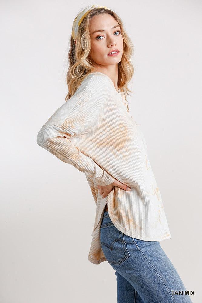 Tie Dye Round Neck Ribbed Button Front Top With Round Hem | Mixtshop LLC