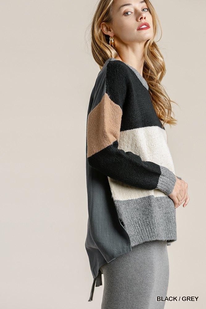 Colorblock Contrasted Cotton Fabric On Back Top With Side Slits And High Low Hem | Mixtshop LLC