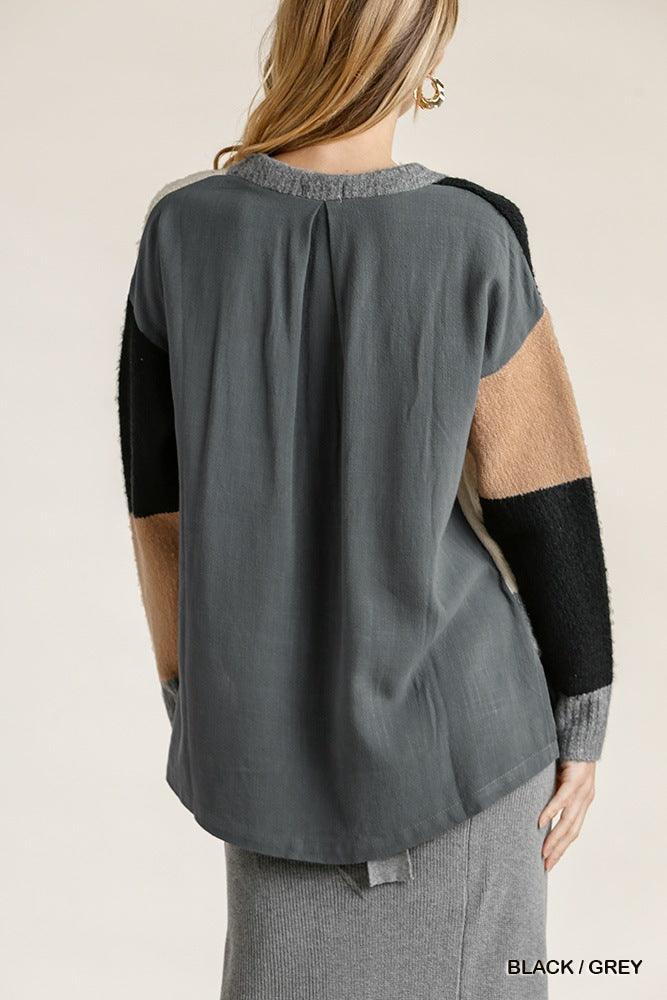 Colorblock Contrasted Cotton Fabric On Back Top With Side Slits And High Low Hem | Mixtshop LLC