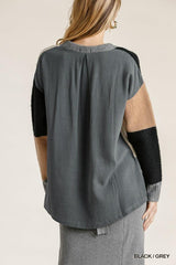 Colorblock Contrasted Cotton Fabric On Back Top With Side Slits And High Low Hem | Mixtshop LLC