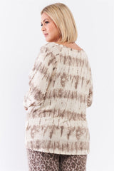 Plus Ivory Acid Wash Print Bateau Neck Relaxed Fit Long Sleeve Top | Mixtshop LLC