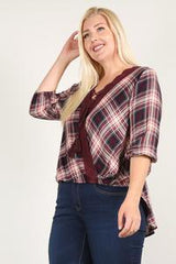 Plaid 3/4 Sleeve Top With Hi-lo Hem, V-neckline, And Relaxed Fit | Mixtshop LLC