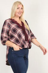 Plaid 3/4 Sleeve Top With Hi-lo Hem, V-neckline, And Relaxed Fit | Mixtshop LLC