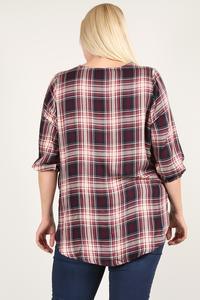 Plaid 3/4 Sleeve Top With Hi-lo Hem, V-neckline, And Relaxed Fit | Mixtshop LLC