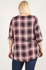 Plaid 3/4 Sleeve Top With Hi-lo Hem, V-neckline, And Relaxed Fit | Mixtshop LLC