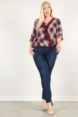 Plaid 3/4 Sleeve Top With Hi-lo Hem, V-neckline, And Relaxed Fit | Mixtshop LLC