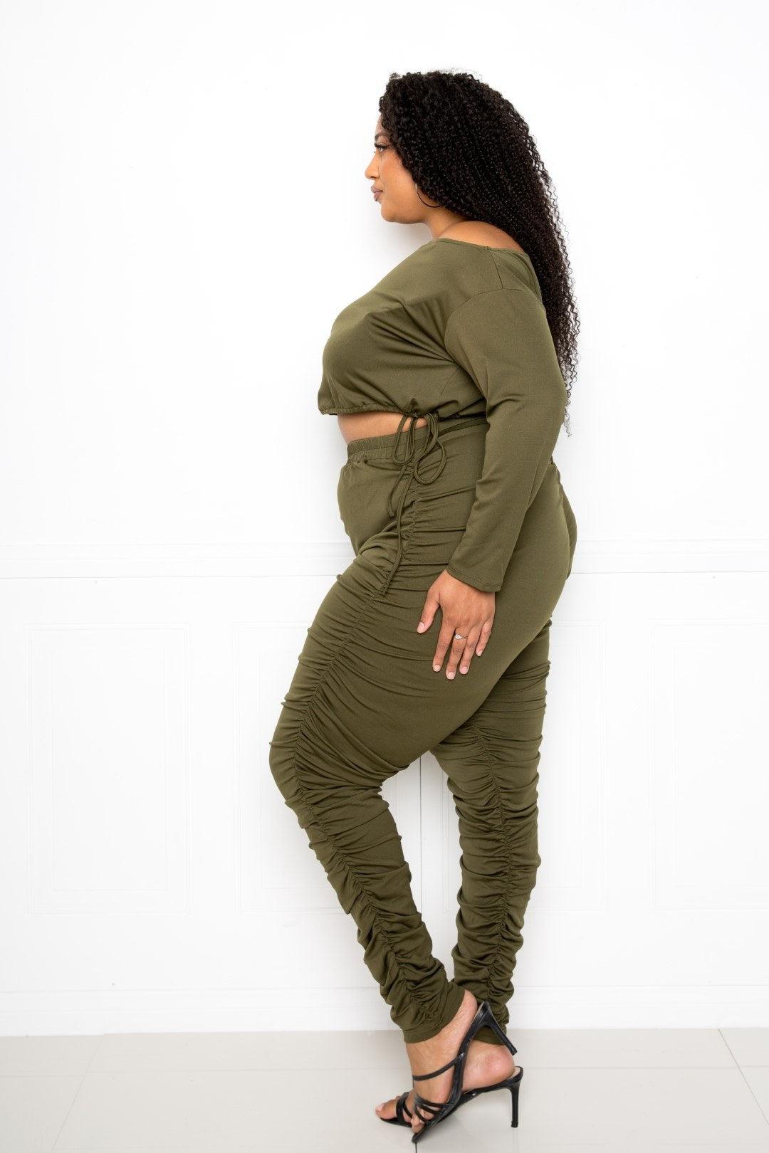 Off Shoulder Cropped Top And Ruched Leggings Sets | Mixtshop LLC