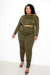 Off Shoulder Cropped Top And Ruched Leggings Sets | Mixtshop LLC