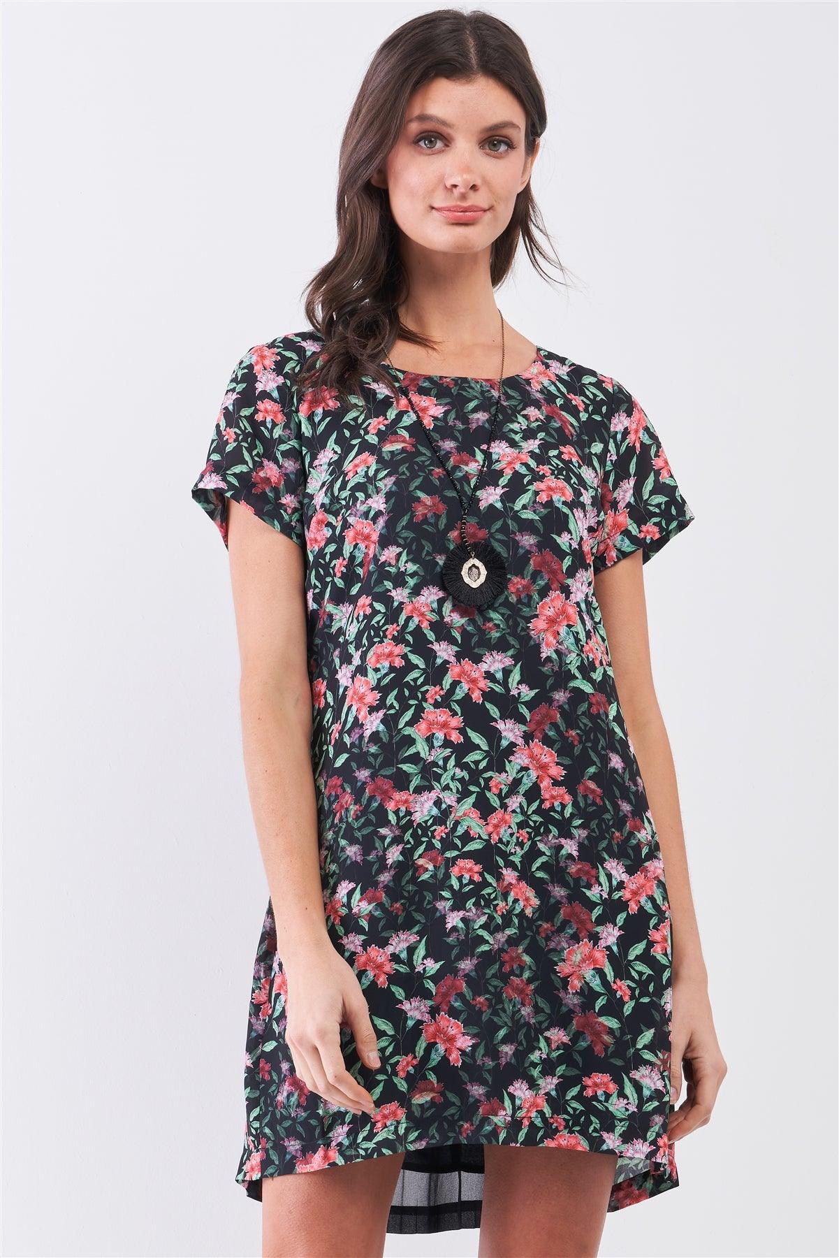Black Multicolor Floral Print Pleated Back Detail Relaxed Mini Dress | Mixtshop LLC