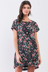 Black Multicolor Floral Print Pleated Back Detail Relaxed Mini Dress | Mixtshop LLC