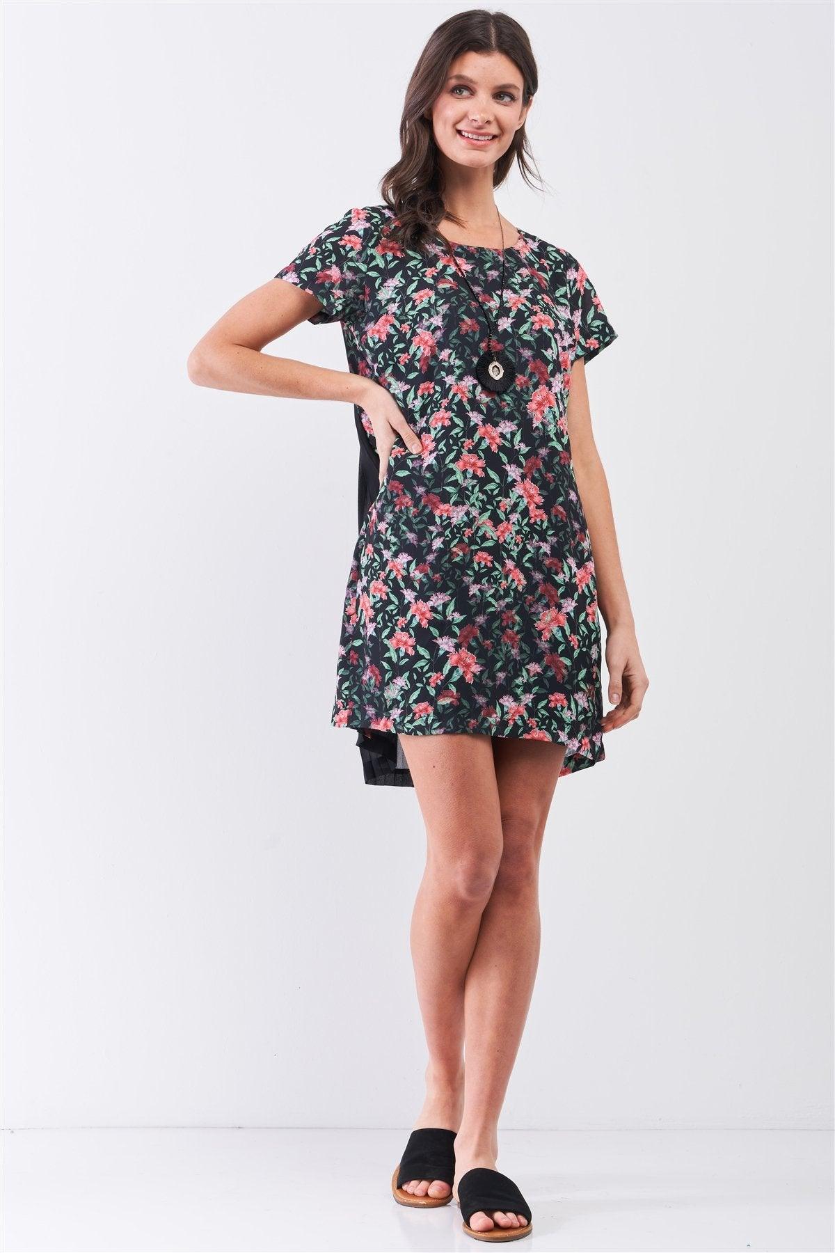 Black Multicolor Floral Print Pleated Back Detail Relaxed Mini Dress | Mixtshop LLC