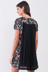 Black Multicolor Floral Print Pleated Back Detail Relaxed Mini Dress | Mixtshop LLC