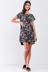 Black Multicolor Floral Print Pleated Back Detail Relaxed Mini Dress | Mixtshop LLC