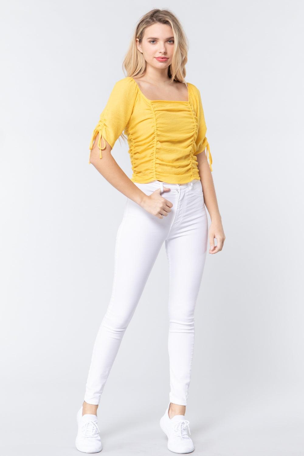 Elbow Slv Smocked Ruched Woven Top | Mixtshop LLC