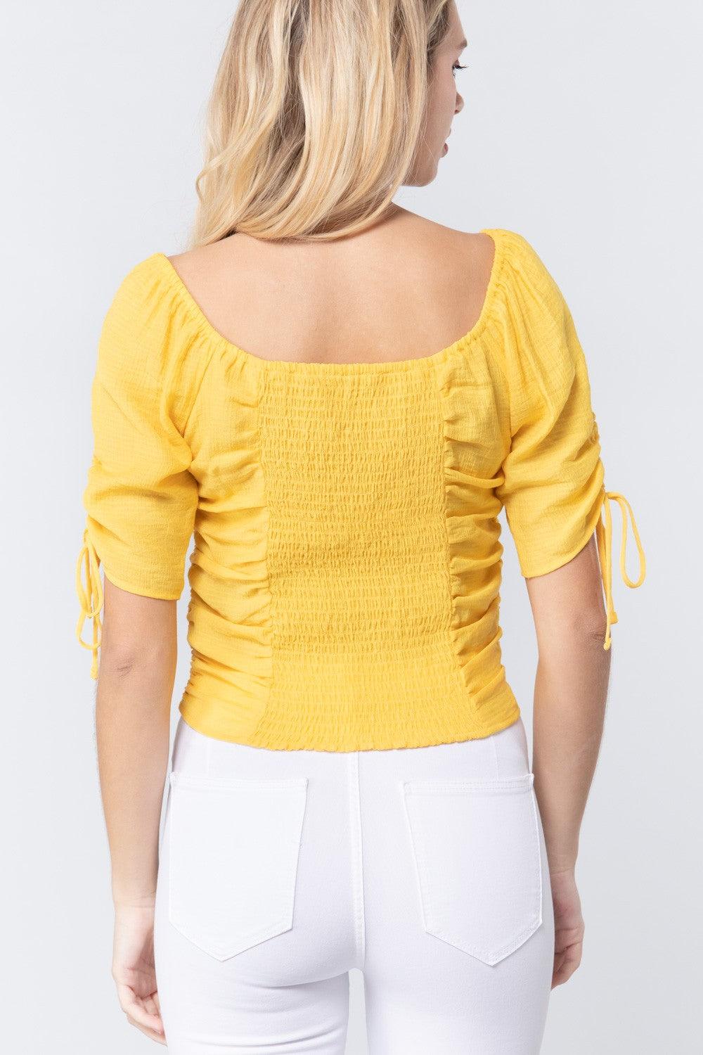 Elbow Slv Smocked Ruched Woven Top | Mixtshop LLC