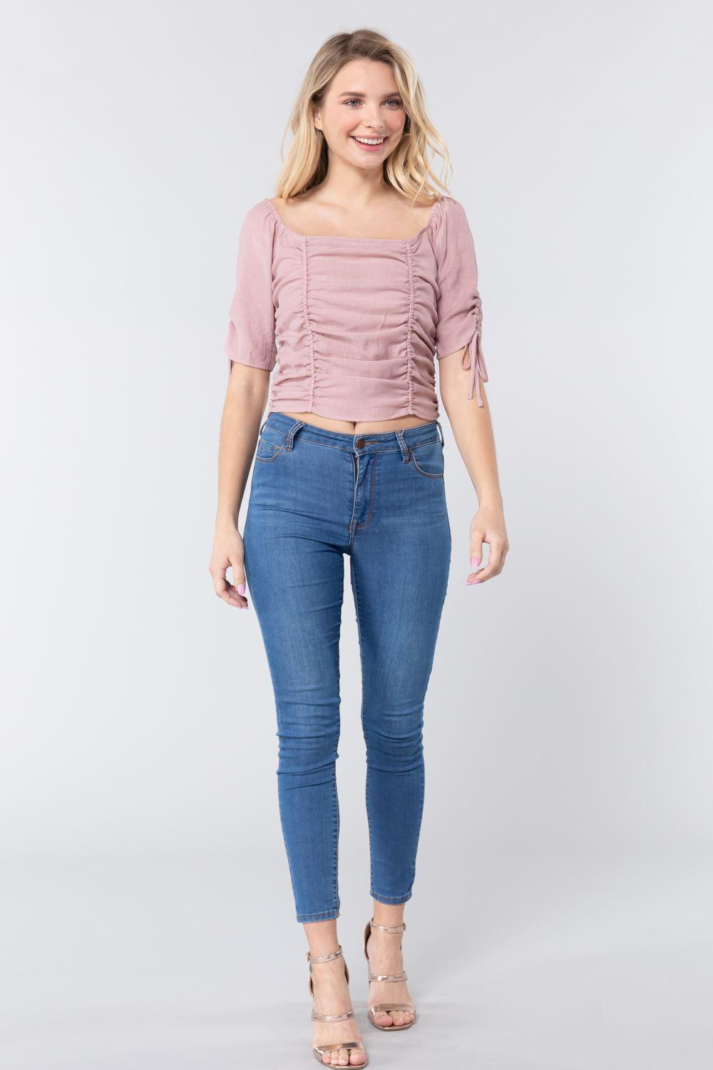 Elbow Slv Smocked Ruched Woven Top | Mixtshop LLC