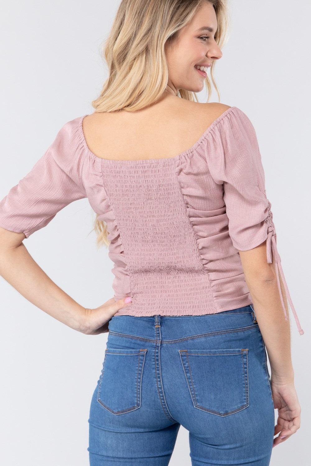 Elbow Slv Smocked Ruched Woven Top | Mixtshop LLC