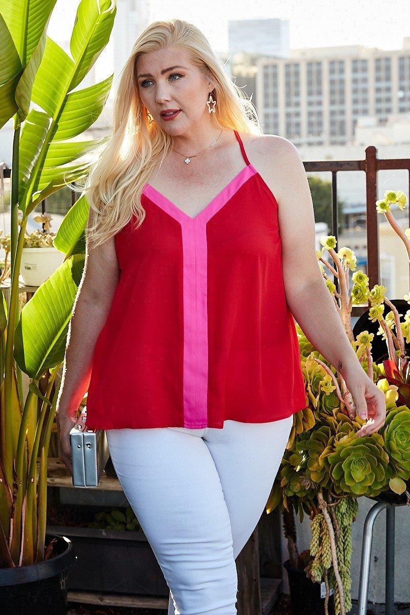 Plus Size Sleeveless V Neck Back Button Color Block Cami Top | Mixtshop LLC