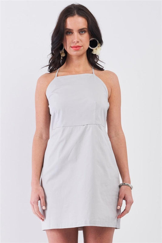 Light Grey Cotton Sleeveless Back Criss Cross Straps Square Neck Side Pockets Apron Mini Dress | Mixtshop LLC