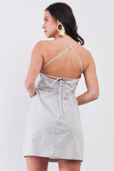 Light Grey Cotton Sleeveless Back Criss Cross Straps Square Neck Side Pockets Apron Mini Dress | Mixtshop LLC