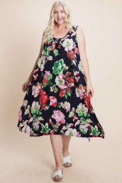 Plus Size Floral Bulgari Printed Tank Midi Dress With Asymmetrical Hem | Mixtshop LLC
