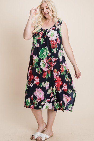 Plus Size Floral Bulgari Printed Tank Midi Dress With Asymmetrical Hem | Mixtshop LLC