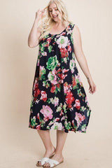 Plus Size Floral Bulgari Printed Tank Midi Dress With Asymmetrical Hem | Mixtshop LLC