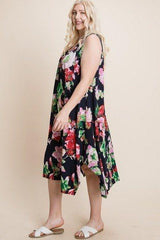 Plus Size Floral Bulgari Printed Tank Midi Dress With Asymmetrical Hem | Mixtshop LLC