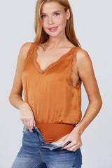 Lace Detail V-neck Woven Bodysuit | Mixtshop LLC