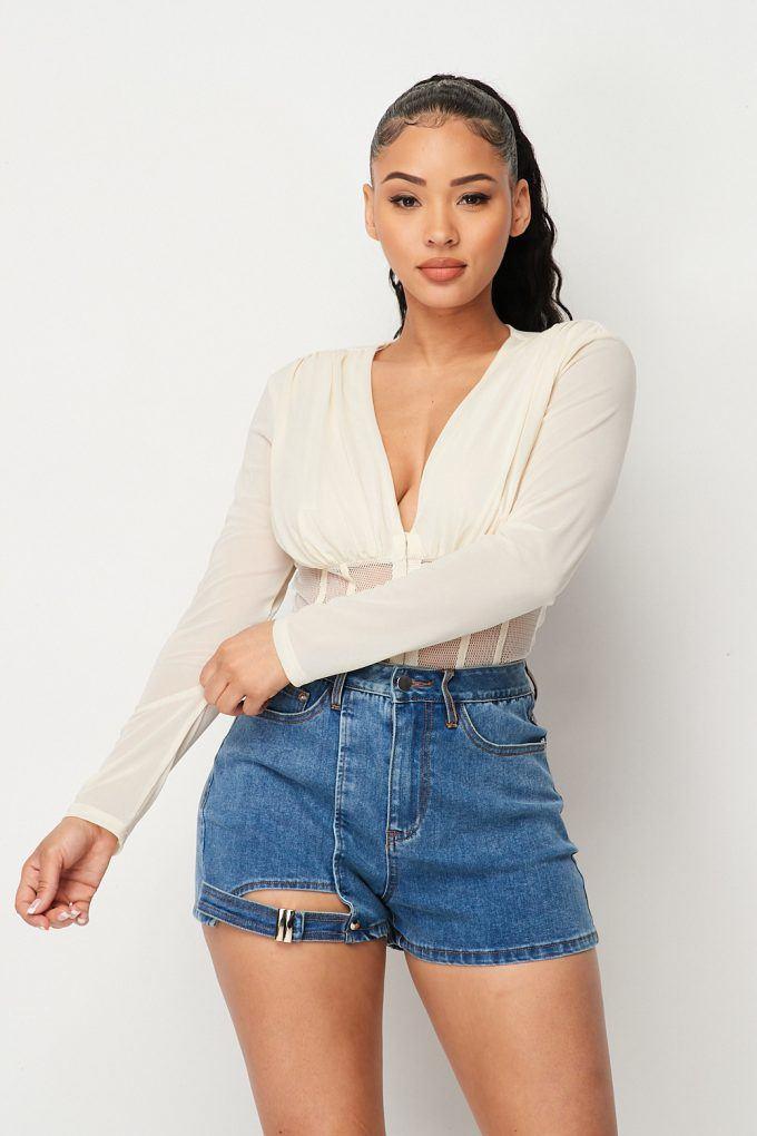 Fishnet Sheer Mesh Back Deep V Neck Bodysuit | Mixtshop LLC