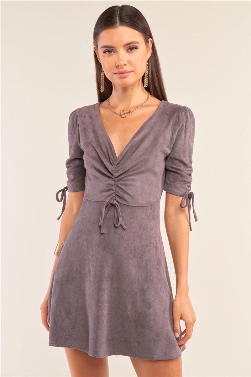 Charcoal Grey Suede Deep Plunge V-neck Gathered Detail Tight Fit Mini Dress | Mixtshop LLC