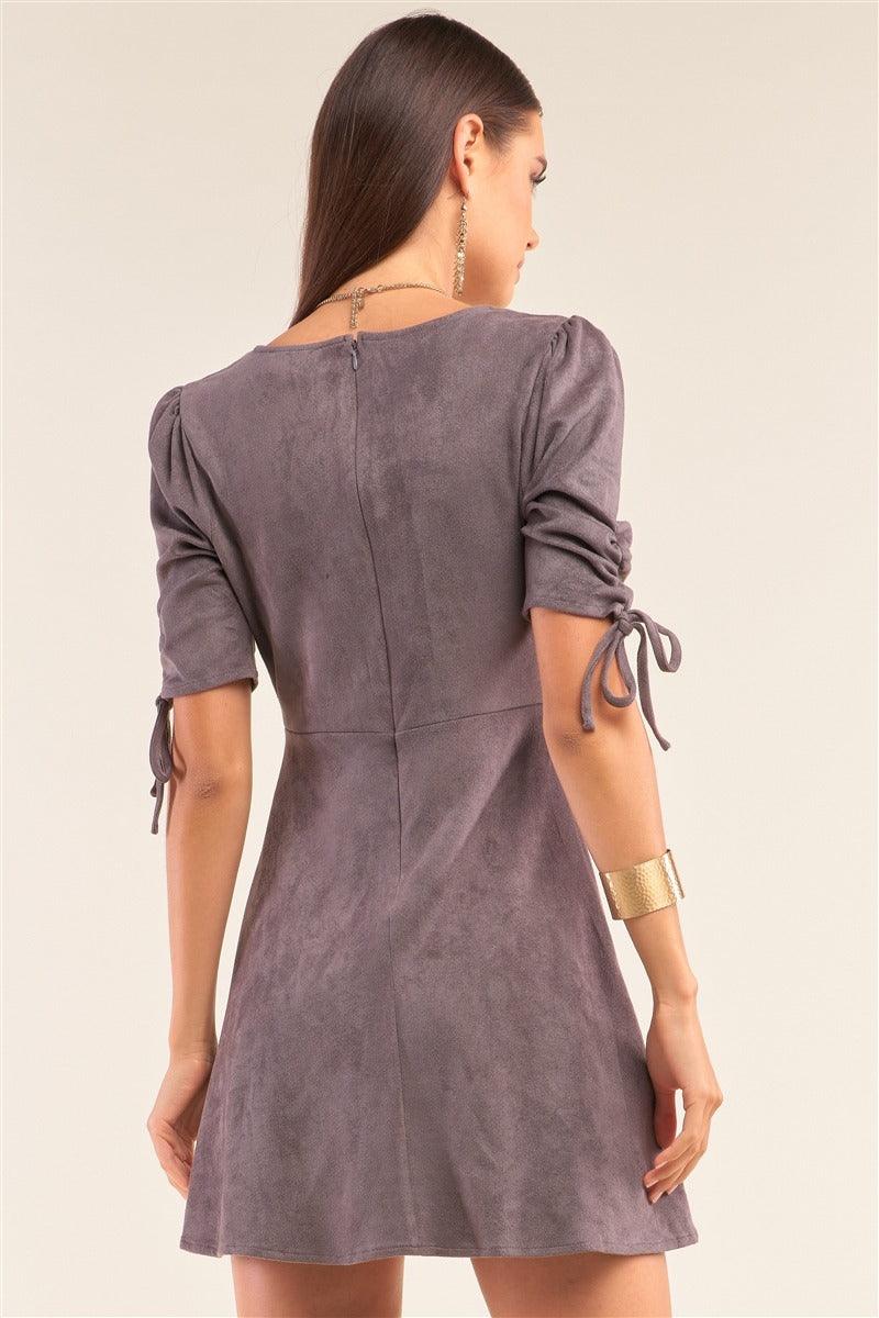 Charcoal Grey Suede Deep Plunge V-neck Gathered Detail Tight Fit Mini Dress | Mixtshop LLC
