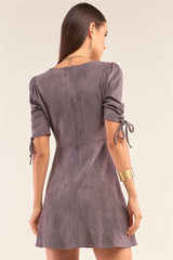 Charcoal Grey Suede Deep Plunge V-neck Gathered Detail Tight Fit Mini Dress | Mixtshop LLC