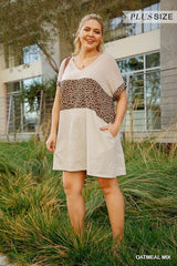 Linen Blend Short Folded Sleeve Animal Print Colorblocked V-neck Dress With Pockets | Mixtshop LLC