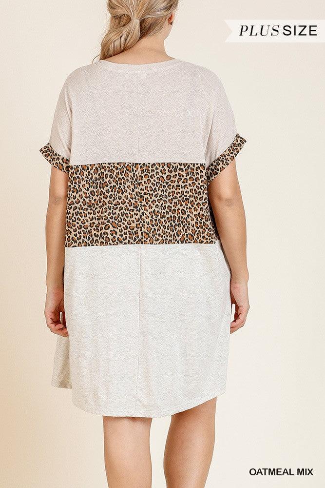 Linen Blend Short Folded Sleeve Animal Print Colorblocked V-neck Dress With Pockets | Mixtshop LLC