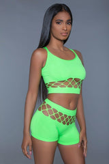 2 pc silk fishnet set that includes a tank crop top with criss-cross cami straps and a pair of high waisted booty shorts. | Mixtshop LLC